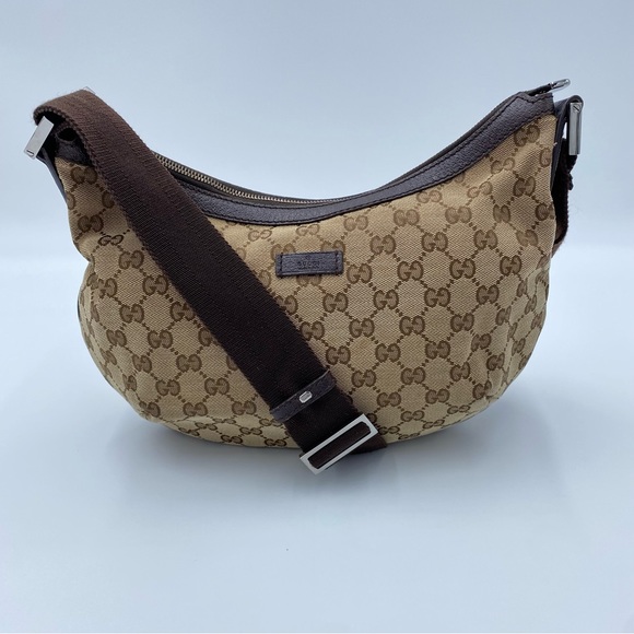Gucci Handbags - 408. GUCCI GG Monogram Medium Saddle Half Moon Crossbody Bag Webbed Strap